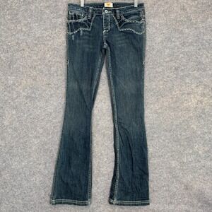 Antik Denim Flared Low Rise Jeans Womens 29 29x34 Button Fly Embroidered Blue